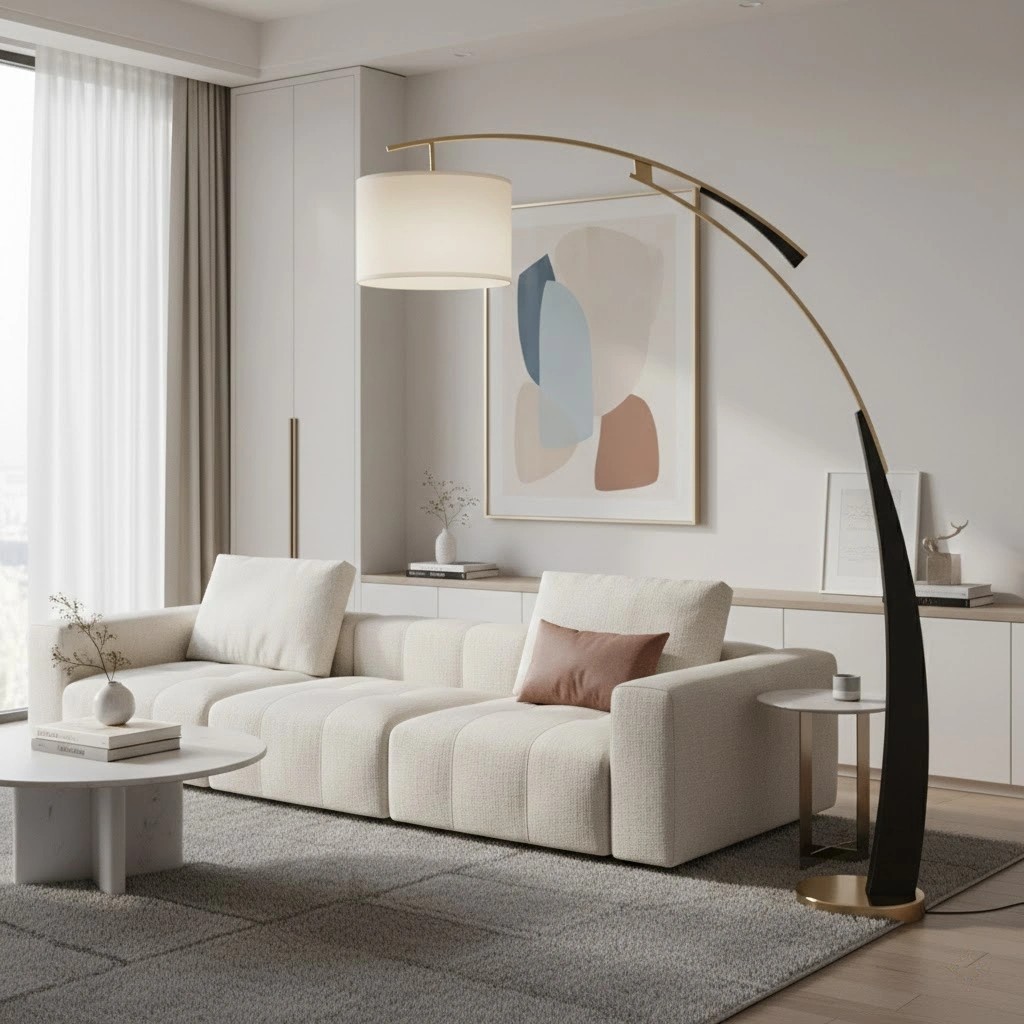AstraLoop Moderne Boogvormige Stoffen Vloerlamp - Elegant, Slank, Gebogen Metalen Ontwerp voor Interieurs HL2480