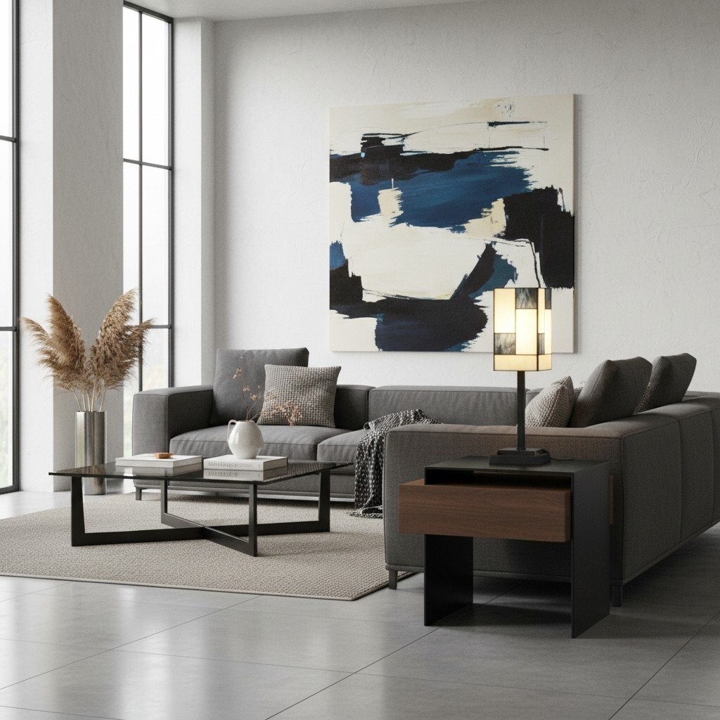 TF Manchester vierkante tafellamp - Geometrisch ontwerp van glas en metaal voor slaapkamer en woonkamer HL2257