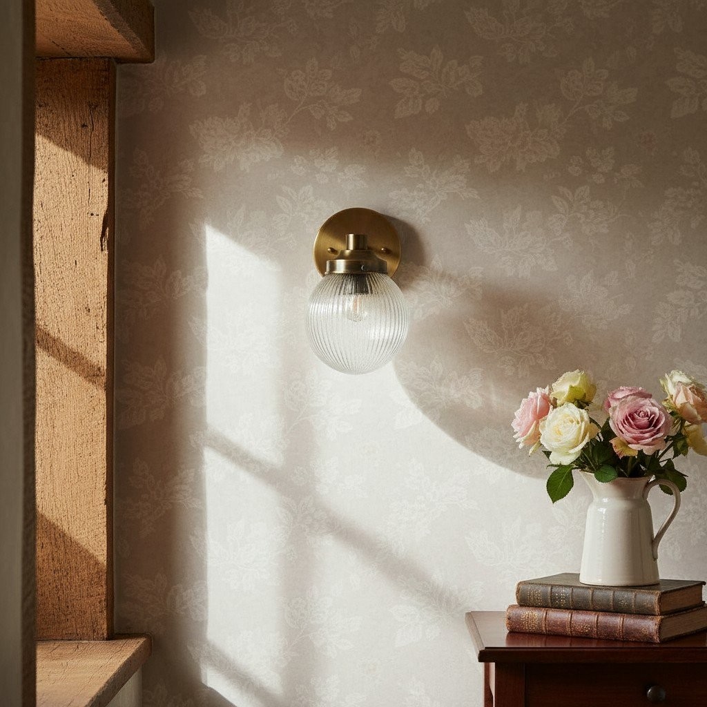 Glorica glazen wandlamp van verouderd messing - geribbelde glazen kap industriële stijl verlichting HL1772