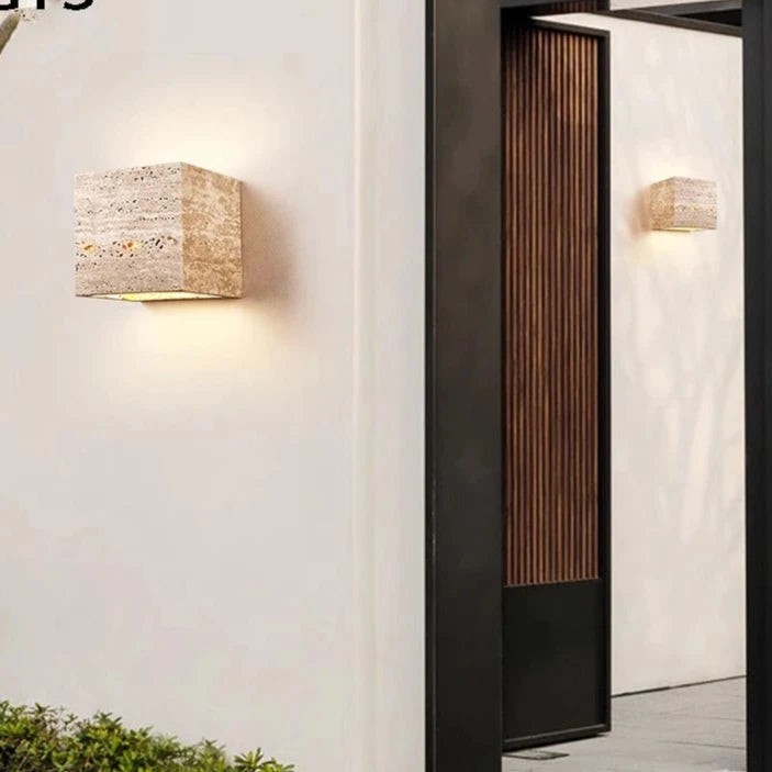 Minimalistische LED-wandlamp voor buiten van travertijnsteen HL1278