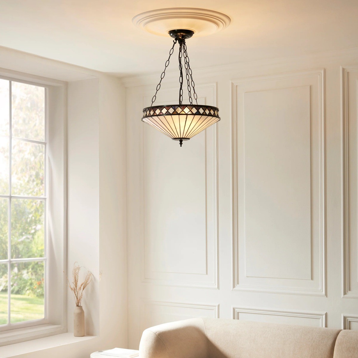 TF Fargo Verstelbare Hanglamp met Glas-in-lood-geïnspireerde omgekeerde kap voor kookeiland en eettafel HL2177