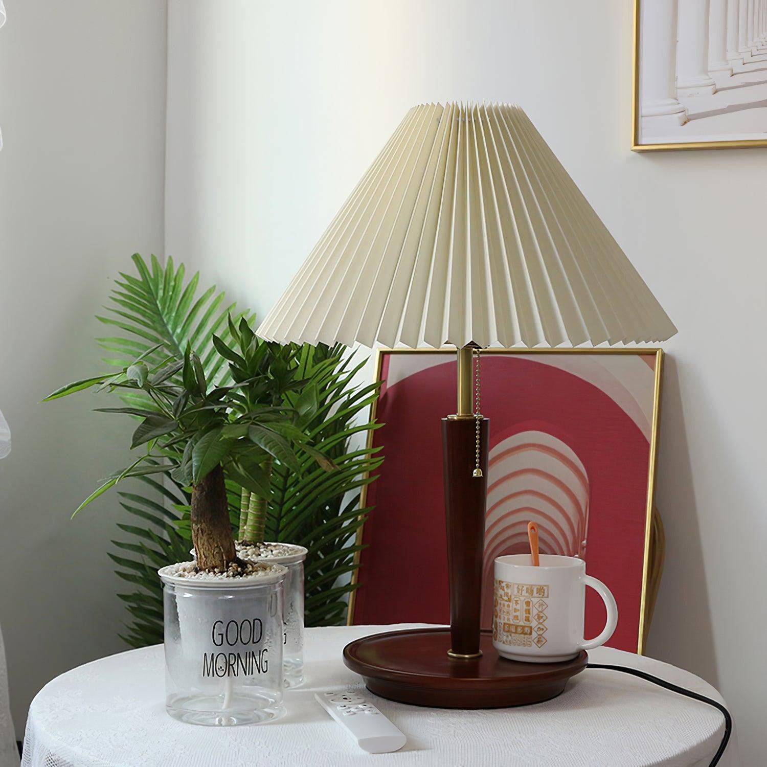 Nordic Retro Geplooide Stoffen Houten Tafellamp Voor Slaapkamer HL482