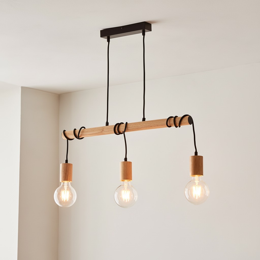 Virell Verstelbare Lineaire Plafondlamp - 3-Lampen Houten en Metalen Design voor Keukeneiland of Kantoor HL2064