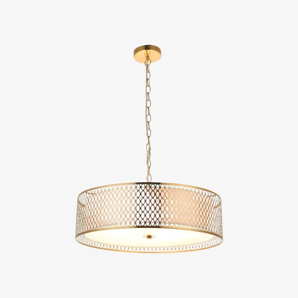 Liorin Geometrische Hanglamp - Moderne Hanglamp met Metalen en Stoffen Kap en Opengewerkt Sierwerk voor Interieurs HL2100