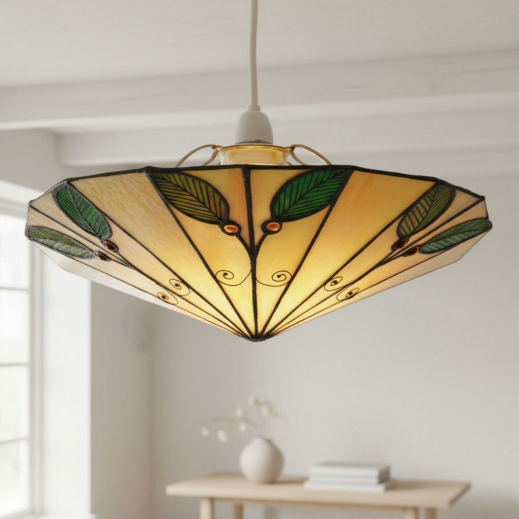 TF Harken Tiffany-stijl hanglampkap met bladmotief, gebrandschilderd glas, voor woonkamer en slaapkamer HL2024