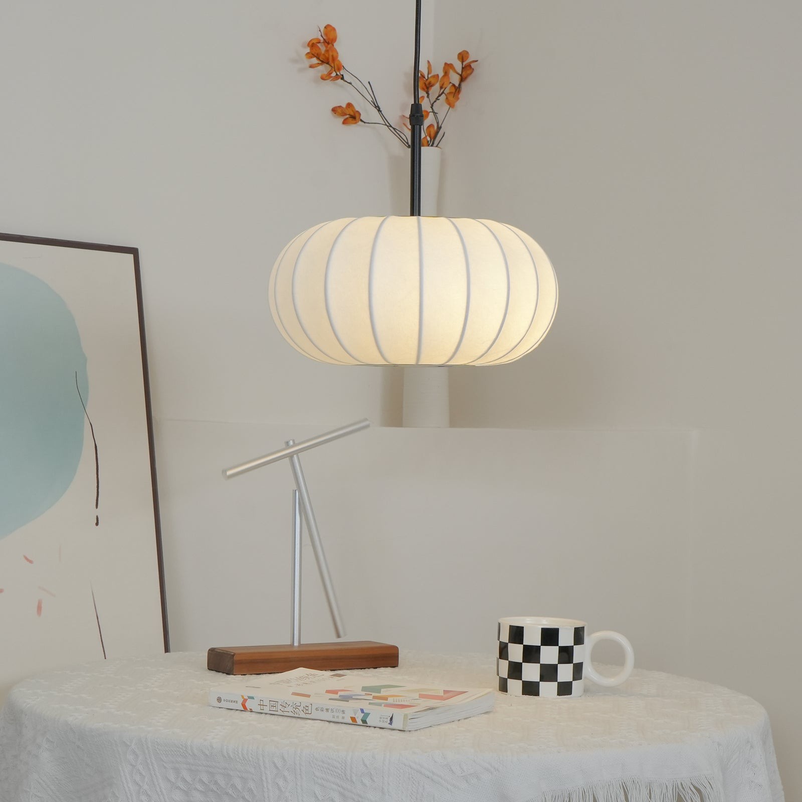 Eenvoudige Wabi-sabi witte lantaarn stoffen hanglamp HL852