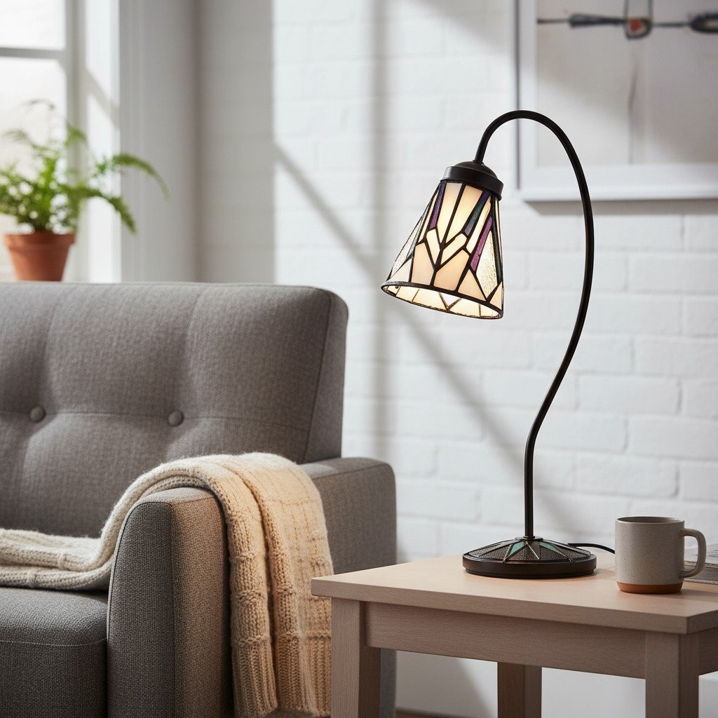 TF Astoria Tiffany tafellamp - Gebogen arm met zwanenhals en art deco glazen kap voor op het bureau HL2222