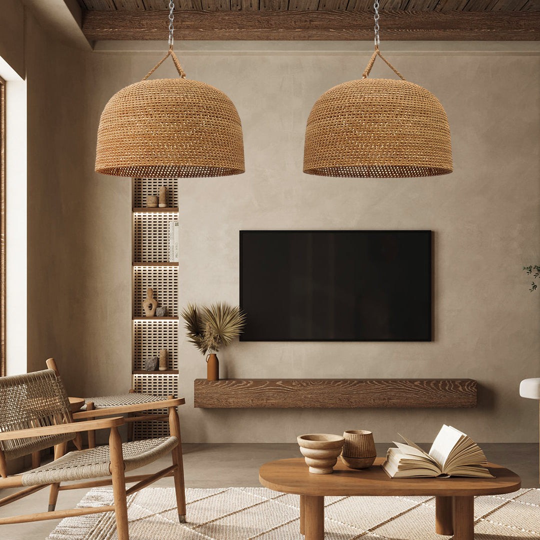 Hanglamp HL3383 van natuurlijk rotan met Japanse uitstraling