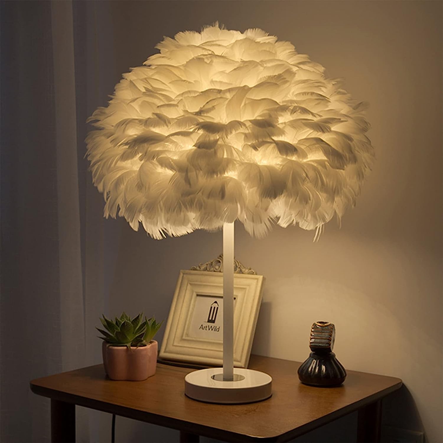 Moderne pluizige Feather tafellamp voor slaapkamer HL09