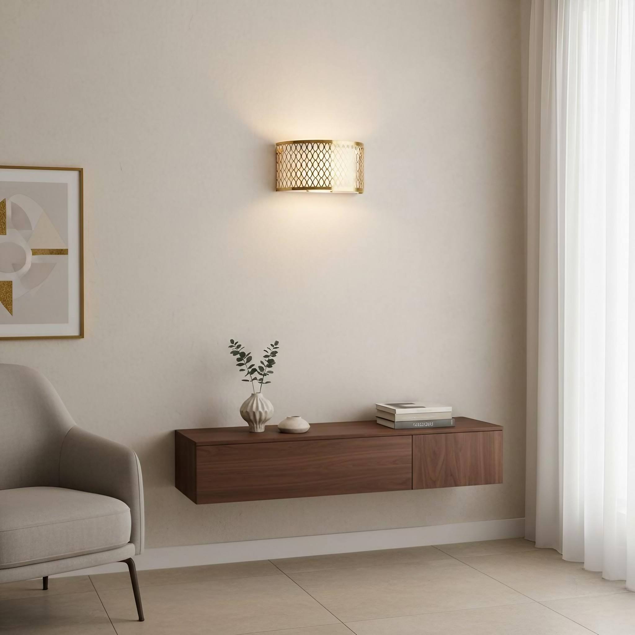 Liorin Fretwork wandlamp - Moderne gebogen metalen en stoffen kap wandlamp voor hal of slaapkamer HL2192