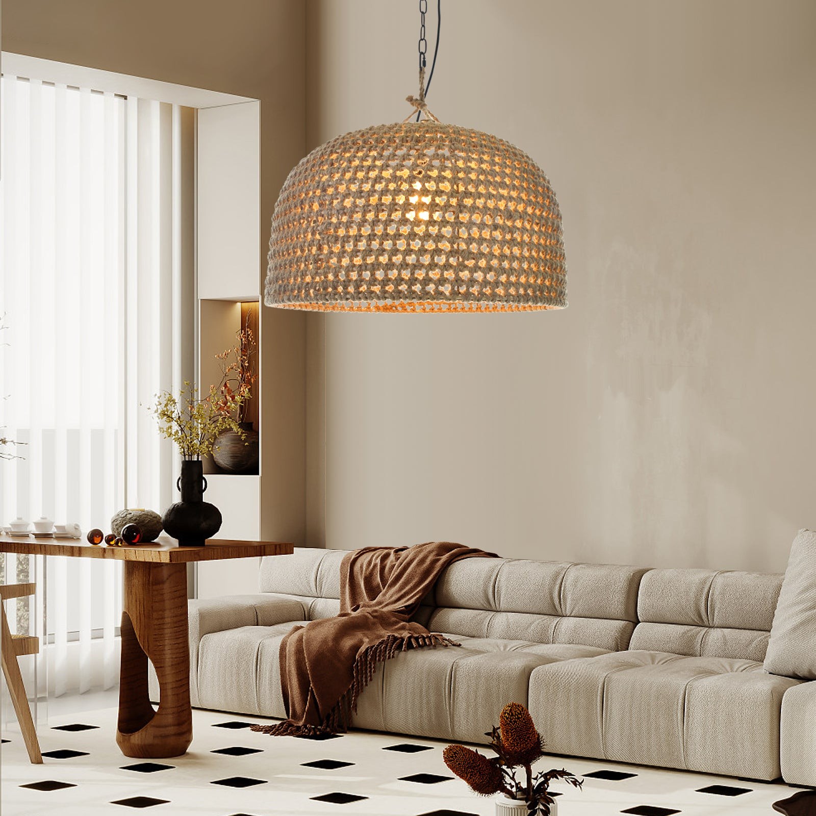 Hanglamp HL3383 van natuurlijk rotan met Japanse uitstraling