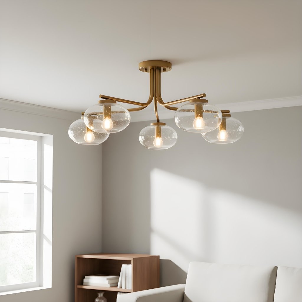 Bublaris plafondlamp met bubbelglas en gebogen messing armen voor woonkamer of hal HL2154