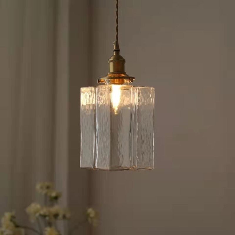 Traditionele vintage vierkante rechthoekige hanglamp met 1 lichtpunt van geribbeld glas en ijzer voor de woonkamer HL1415