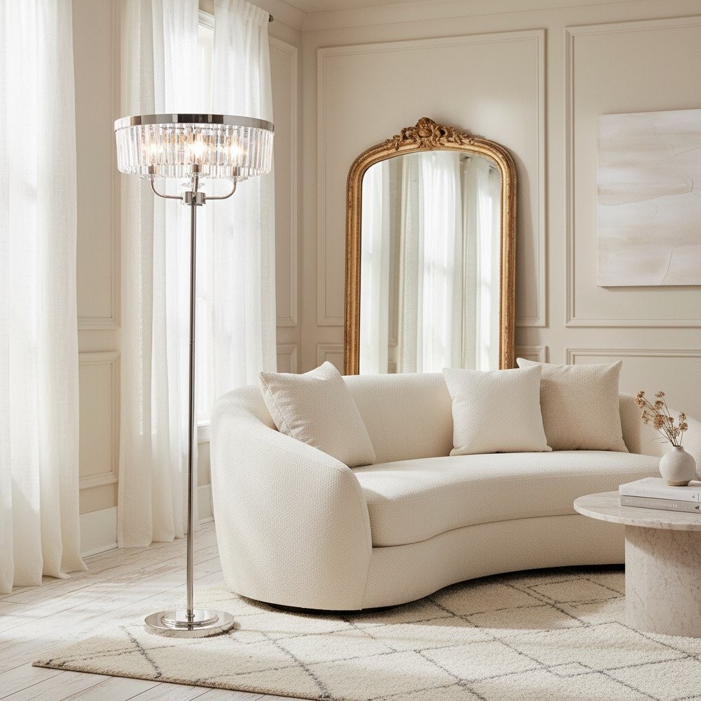Beveline ronde vloerlamp met 3 lichtpunten - facetgeslepen glazen kappen, klassieke metalen afwerking voor woonkamers HL2071