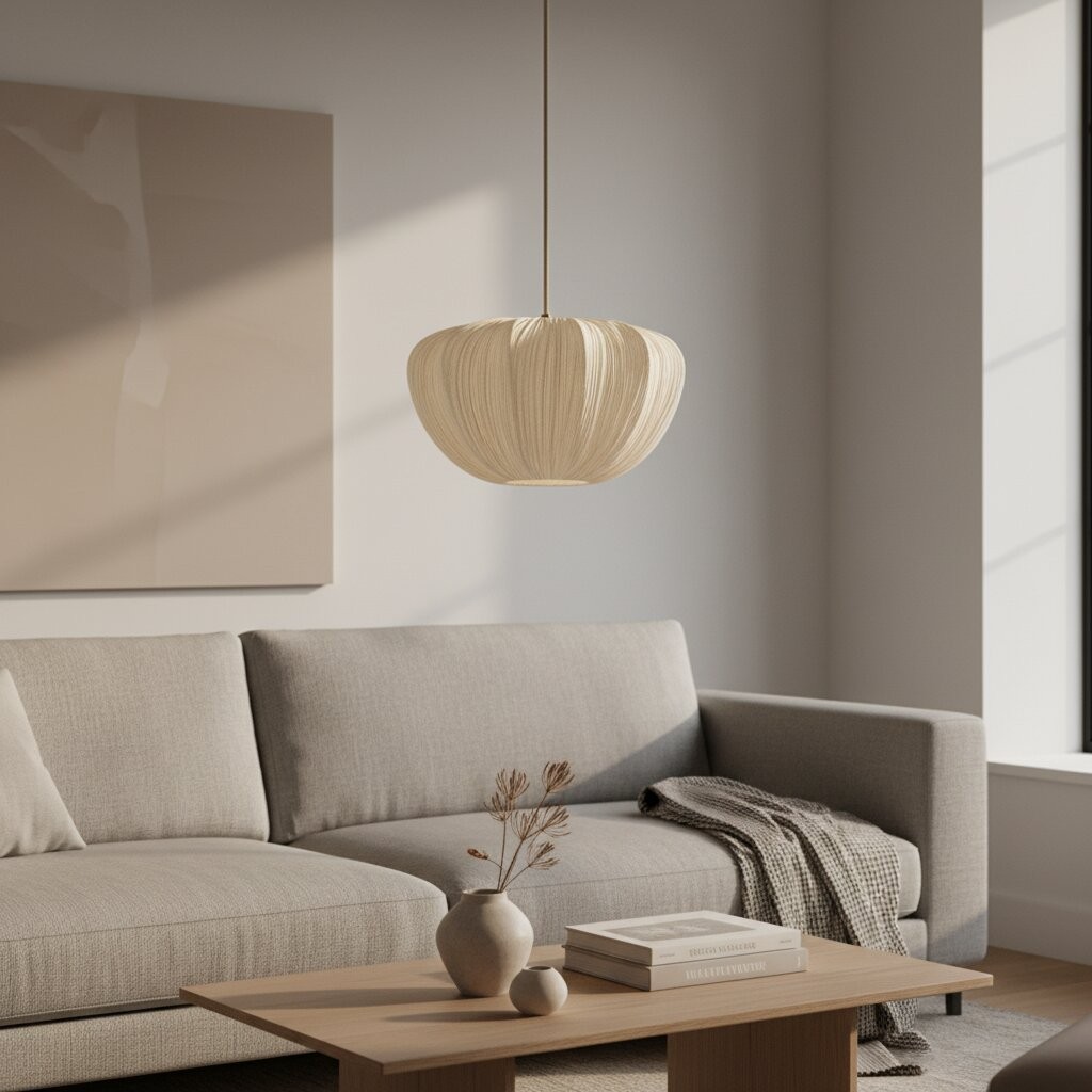 Linbron hanglamp – Moderne lamp met zachte linnen kap en gebogen frame voor de eetkamer HL2282