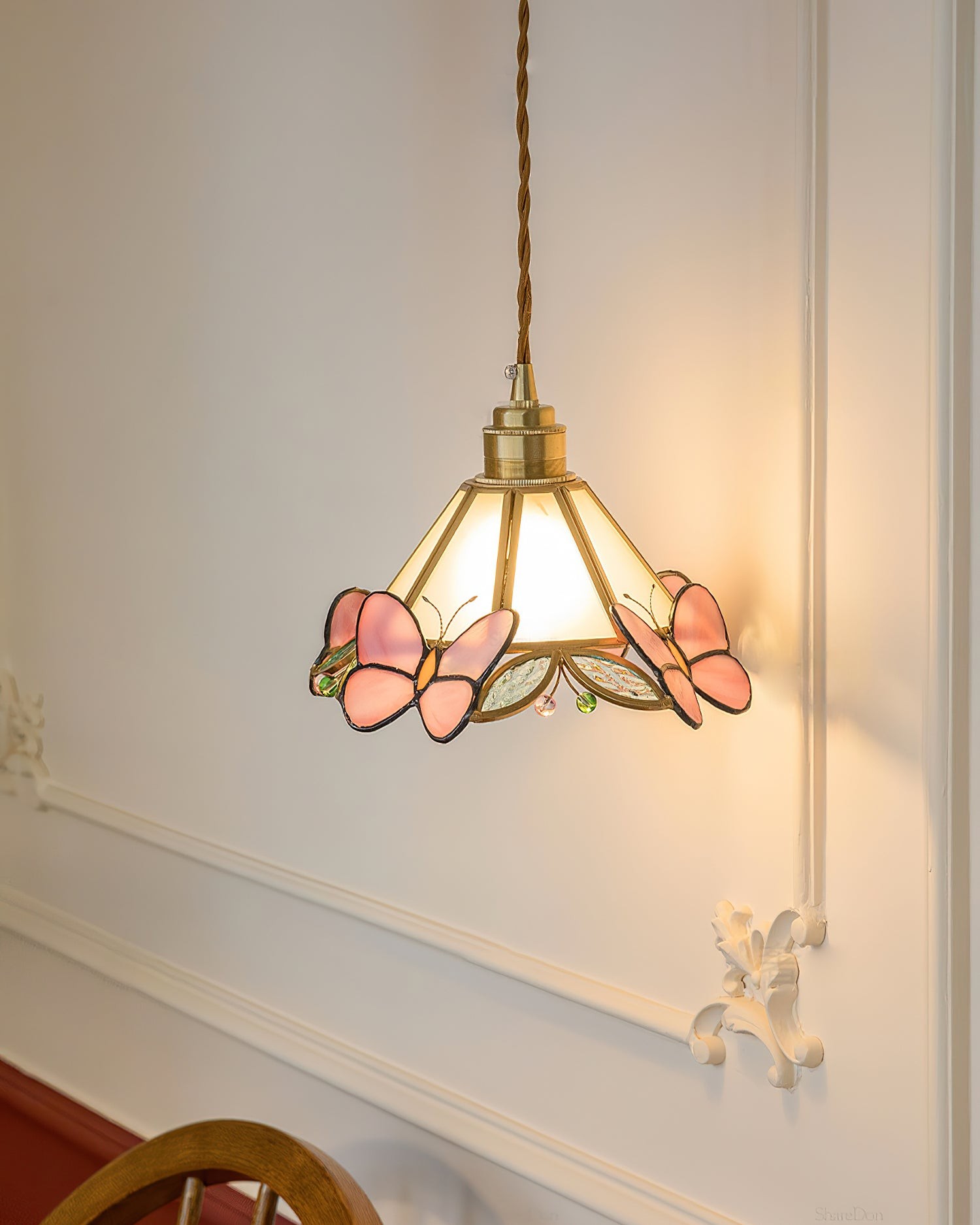 Franse Retro Glazen Roze Vlinder Hanglamp HL814