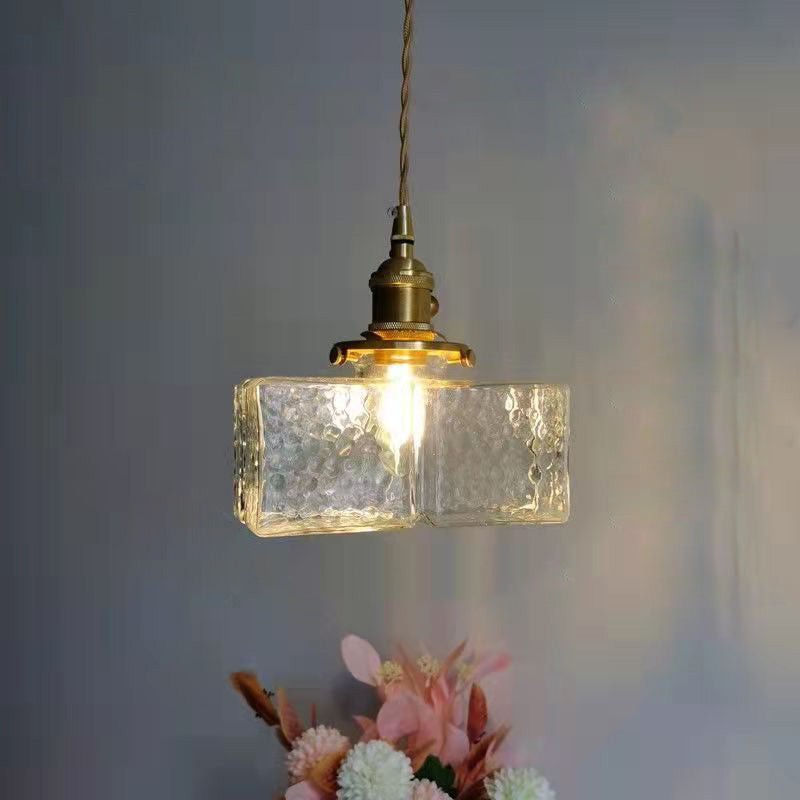 Traditionele vintage vierkante rechthoekige hanglamp met 1 lichtpunt van geribbeld glas en ijzer voor de woonkamer HL1415