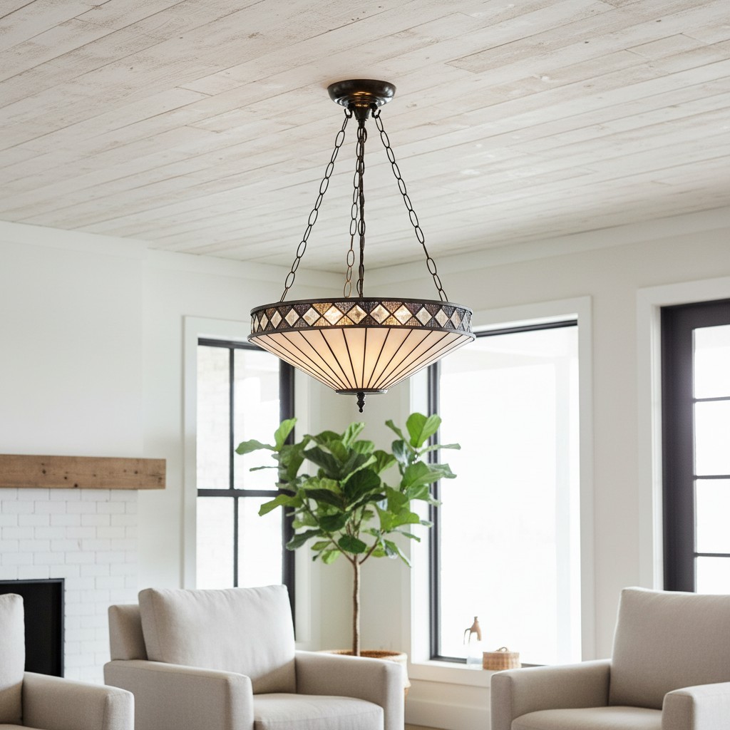 TF Fargo Verstelbare Hanglamp met Glas-in-lood-geïnspireerde omgekeerde kap voor kookeiland en eettafel HL2177
