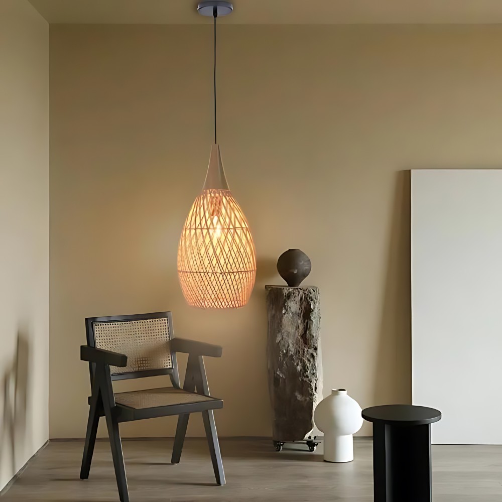 Handgemaakte hanglamp van rotan met wandtapijtmotief HL3392