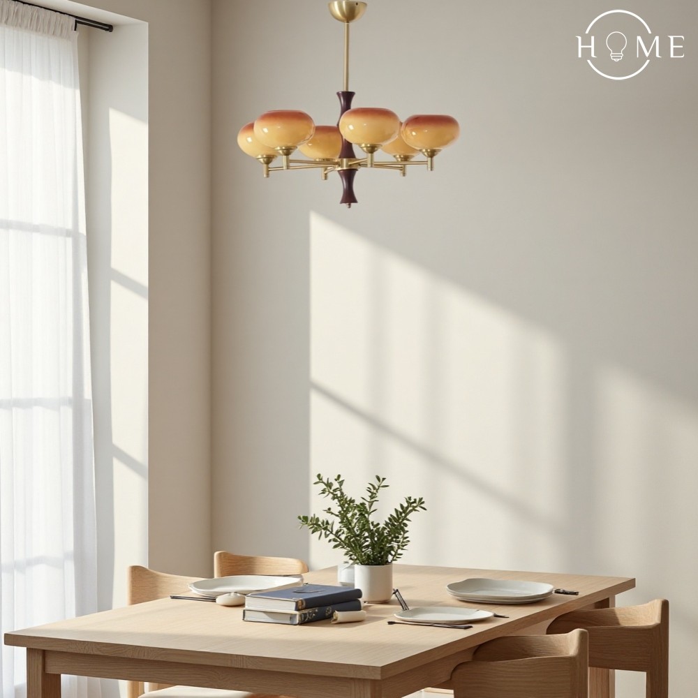 Vintage Mid Century Persimmon Glazen Kroonluchter HL840