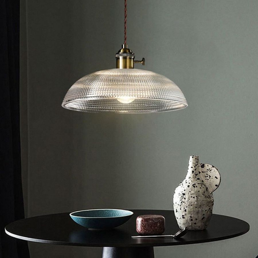 Vintage koperen geribbelde glazen hanglamp HL186