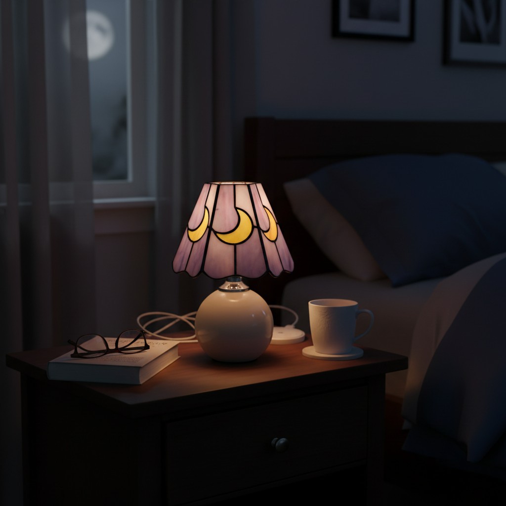 Stellum Paddenstoel Maan Tafellamp van Gebrandschilderd Glas, Artistieke Accentlamp met Keramische Voet voor Woonkamers HL2339