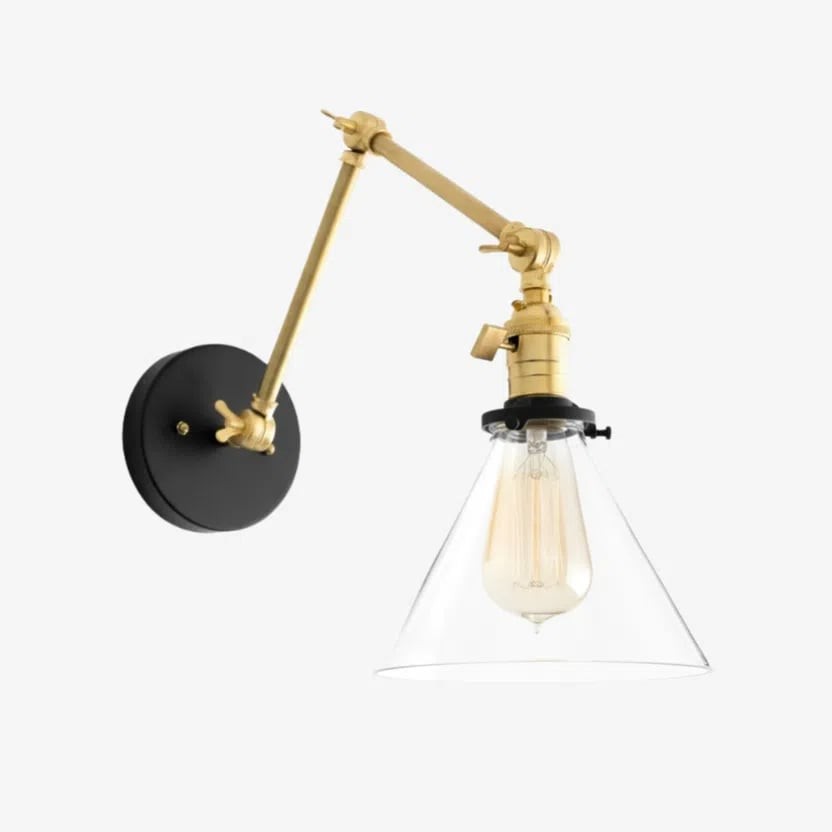 Conique metalen industriële wandlamp met verstelbare arm - vintage glazen kegelvormige kap HL1673