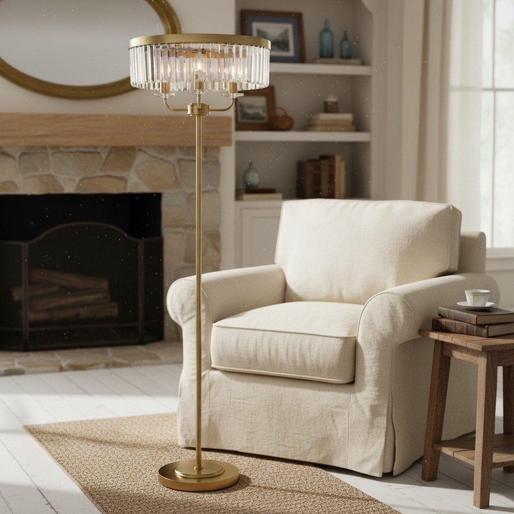 Beveline ronde vloerlamp met 3 lichtpunten - facetgeslepen glazen kappen, klassieke metalen afwerking voor woonkamers HL2071