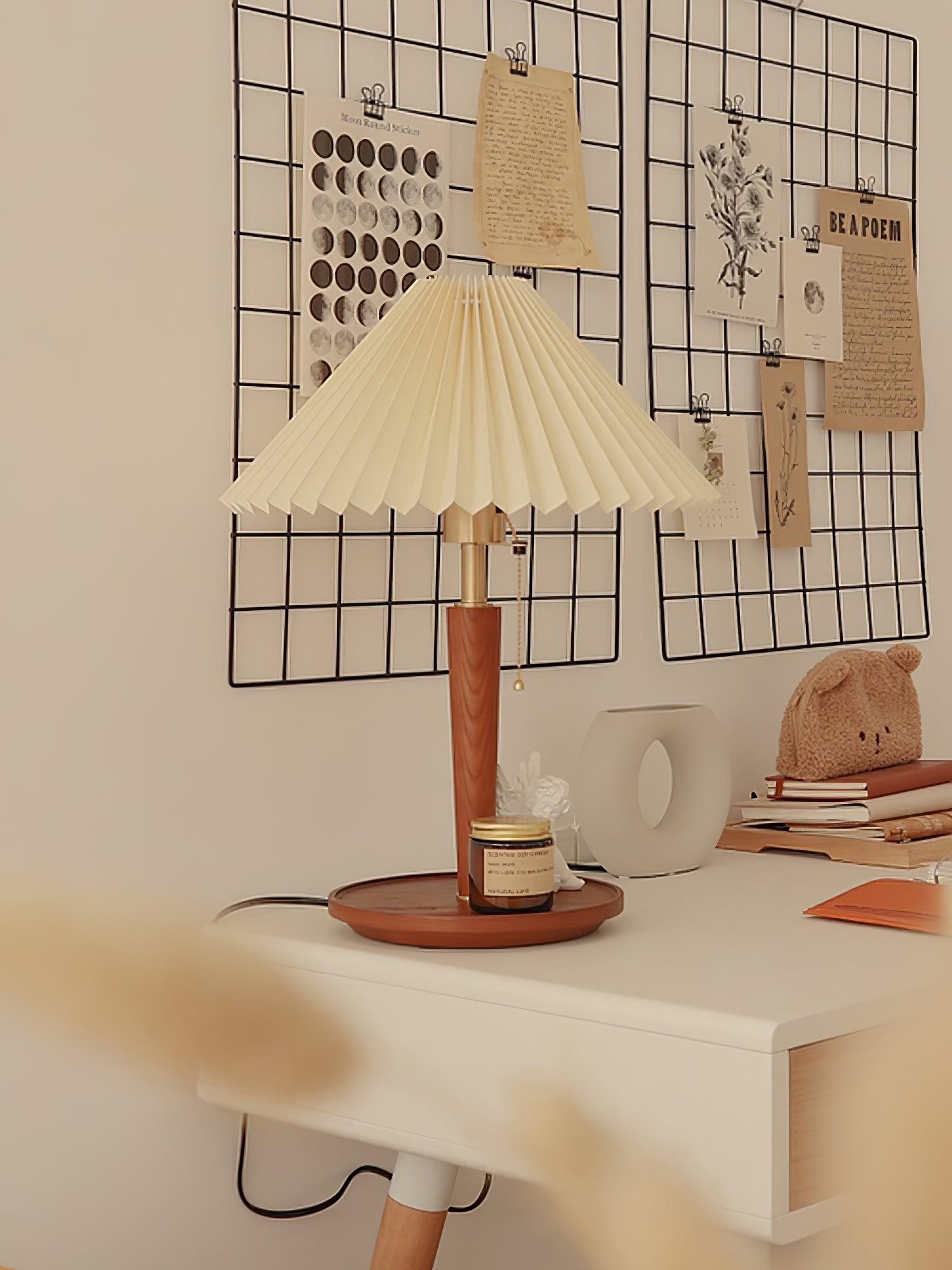 Nordic Retro Geplooide Stoffen Houten Tafellamp Voor Slaapkamer HL482