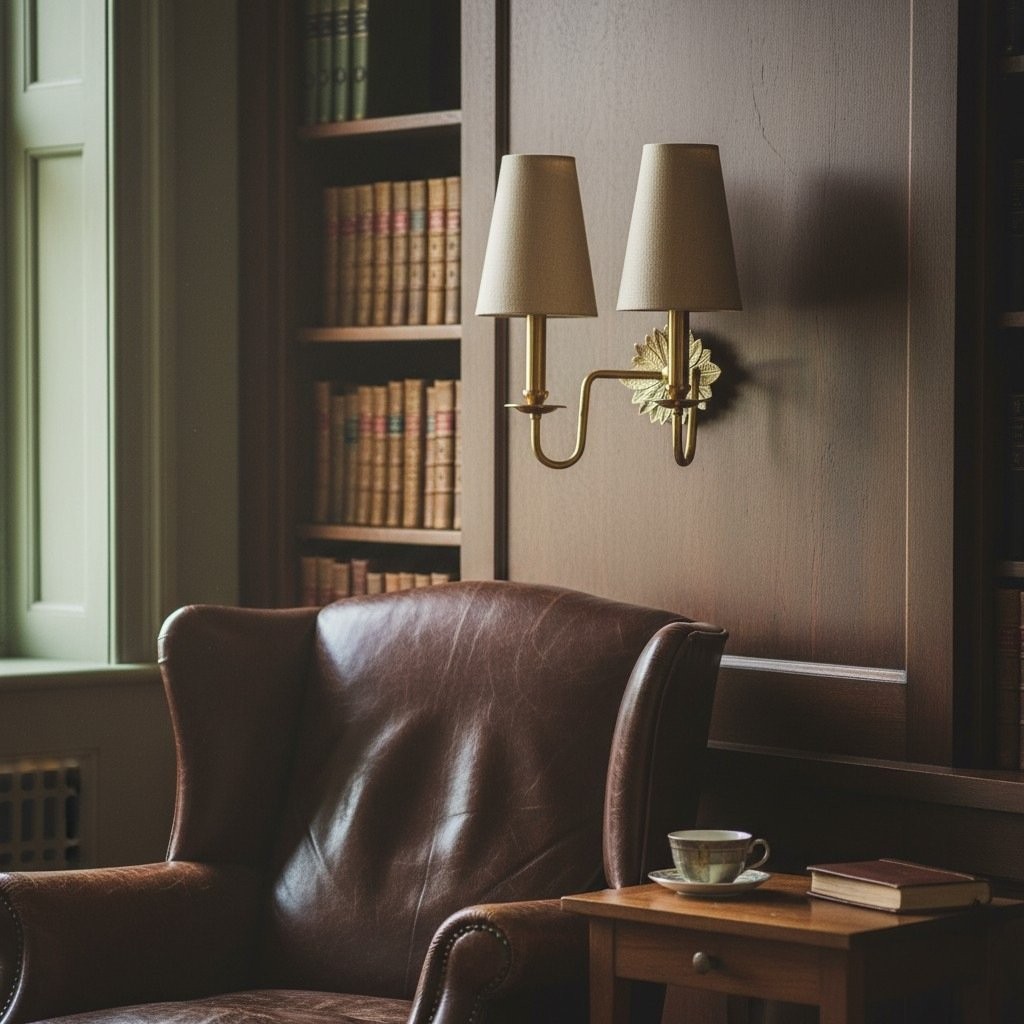 Duova dubbele wandlamp - Antiek messing metaal en linnen kappen voor slaapkamer of studeerkamer HL1896