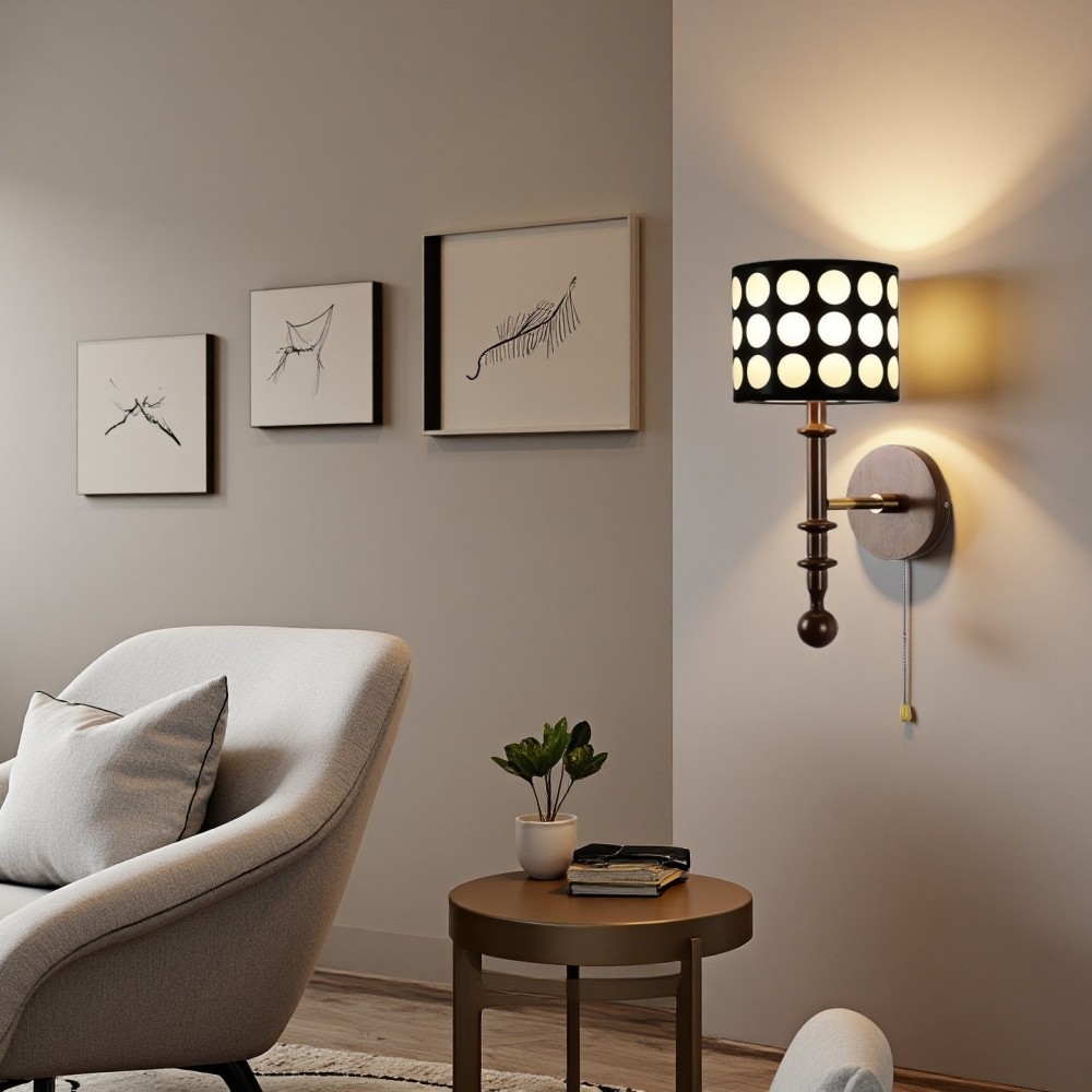 Franse witte stoffen cilindervormige wandlamp met stippen en essenhouten kap HL1118