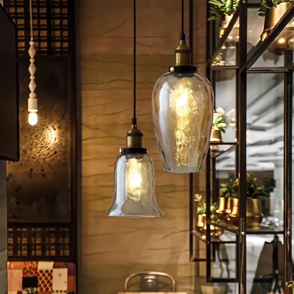 Hanglamp van getextureerd glas in Noordse stijl - Amberkleurige koepelvormige hallamp HL1329