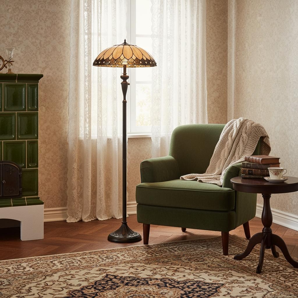 TF Brooklyn Geometrische Art Deco Tiffany Vloerlamp - Glas-in-loodkap en satijnzwarte voet voor de woonkamer HL2081