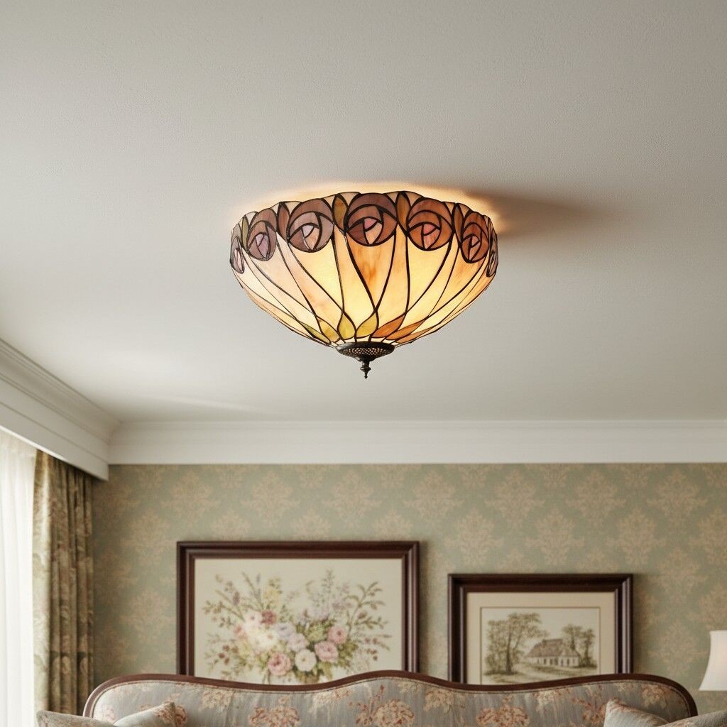 TF Hutchinson Tiffany Plafondlamp - Elegante vintage glazen lamp met bloemenmotief voor eetkamer of gang HL2251