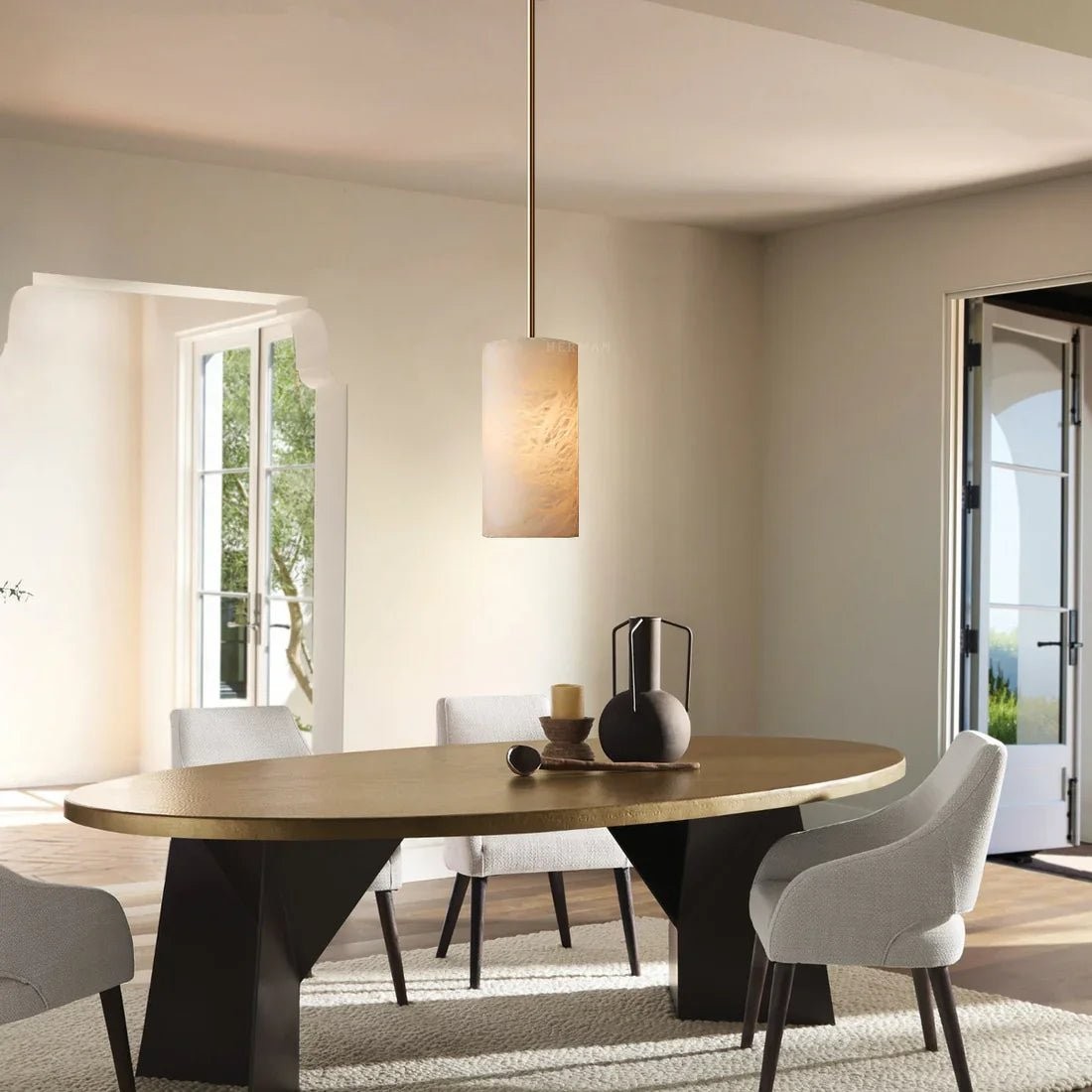 Handgesneden albasten cilinder hanglamp HL1418
