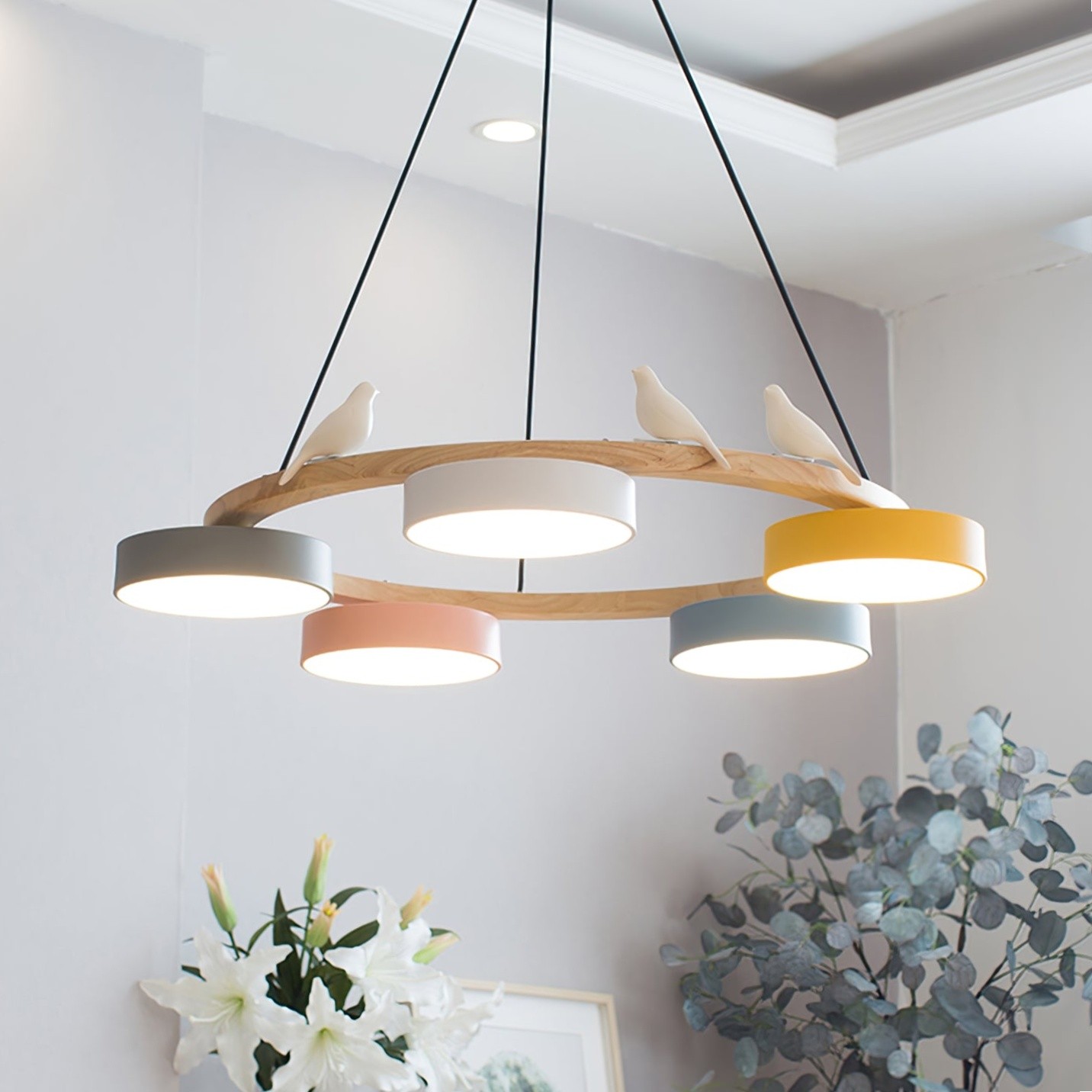 Creatieve Houten Vogel Kleurrijke Ronde Kroonluchter HL926