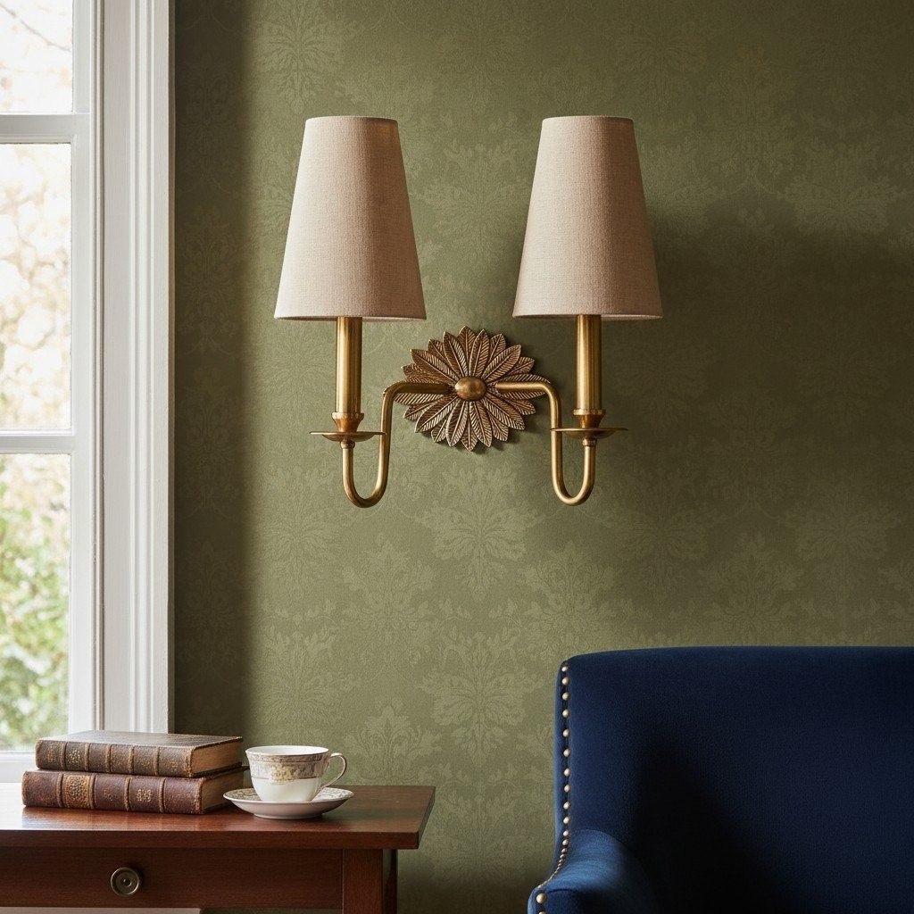 Duova dubbele wandlamp - Antiek messing metaal en linnen kappen voor slaapkamer of studeerkamer HL1896