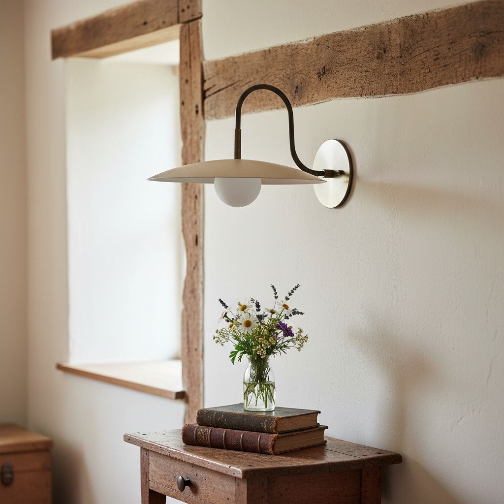 Curva Metalen Moderne Wandlamp - Antieke Messing Arm met Crèmekleurige Schijfvormige Kap HL1771
