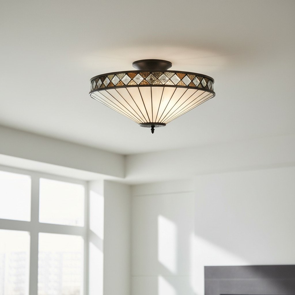 TF Fargo Semi-Flush Plafondlamp - Een klassieke art deco lamp met een decoratieve glazen kap voor gebruik in meerdere ruimtes