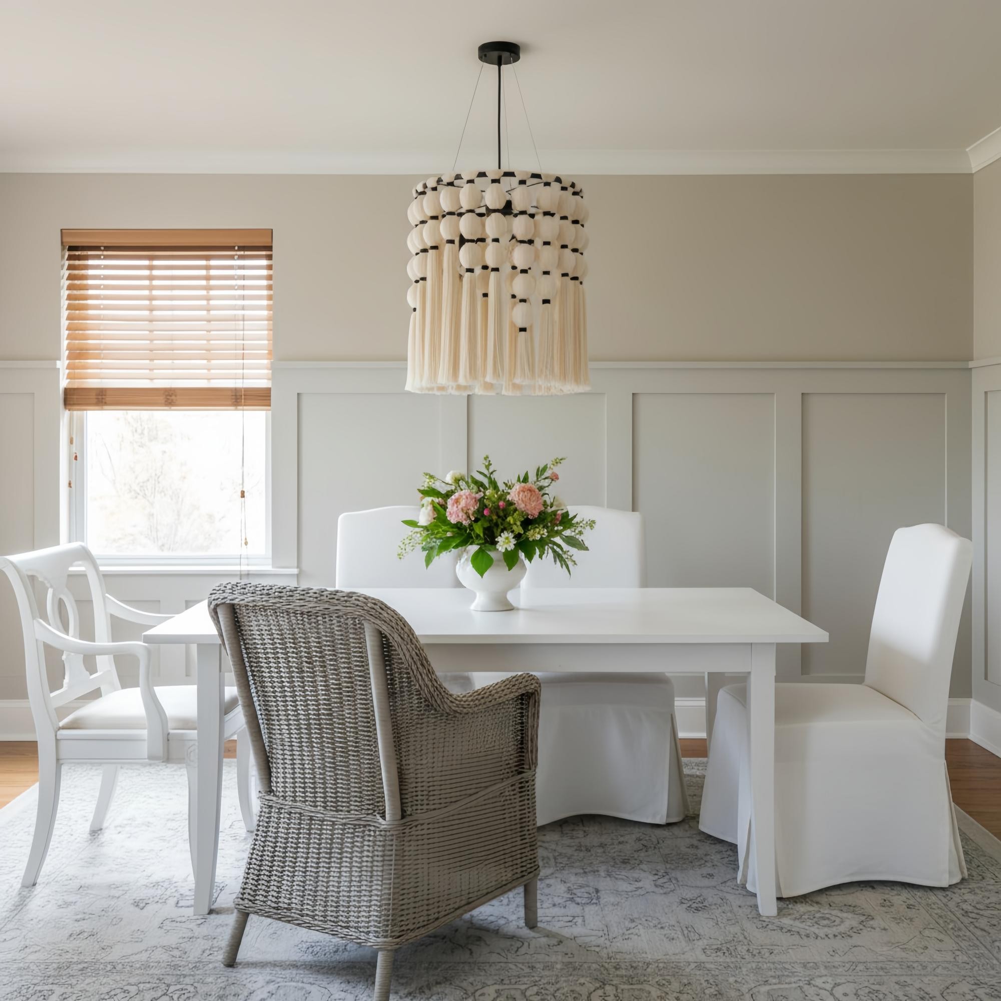 Modulune Moderne, elegante, handgemaakte kroonluchter met witte katoenen franjes voor de woonkamer HL2477