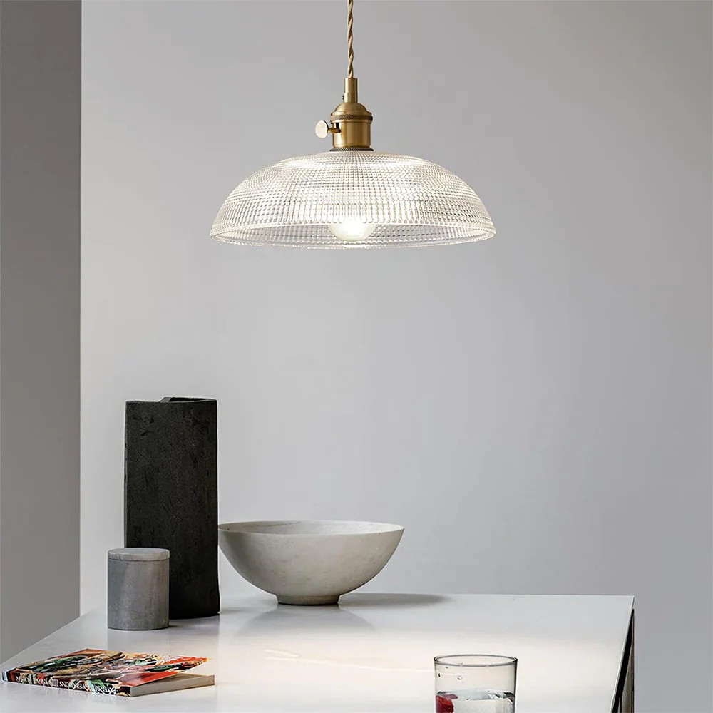 Vintage koperen geribbelde glazen hanglamp HL186