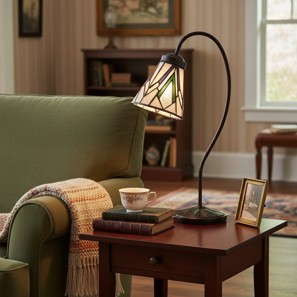 TF Astoria Tiffany tafellamp - Gebogen arm met zwanenhals en art deco glazen kap voor op het bureau HL2222