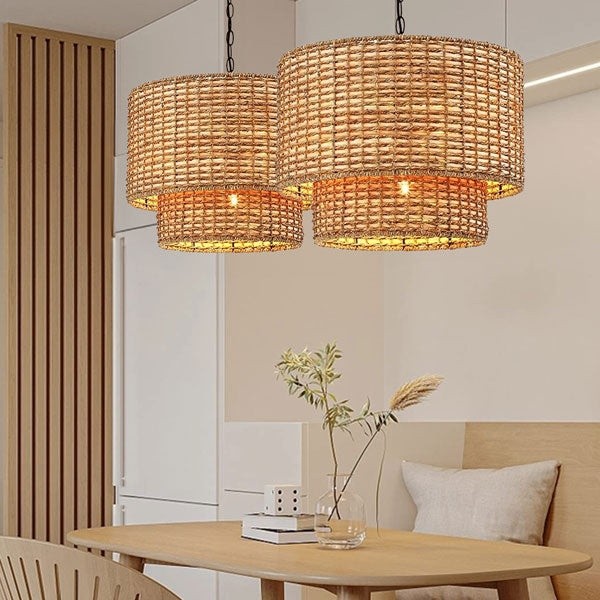 Natuurlijke rotan dubbele trommel hanglamp met zwarte kap HL1001