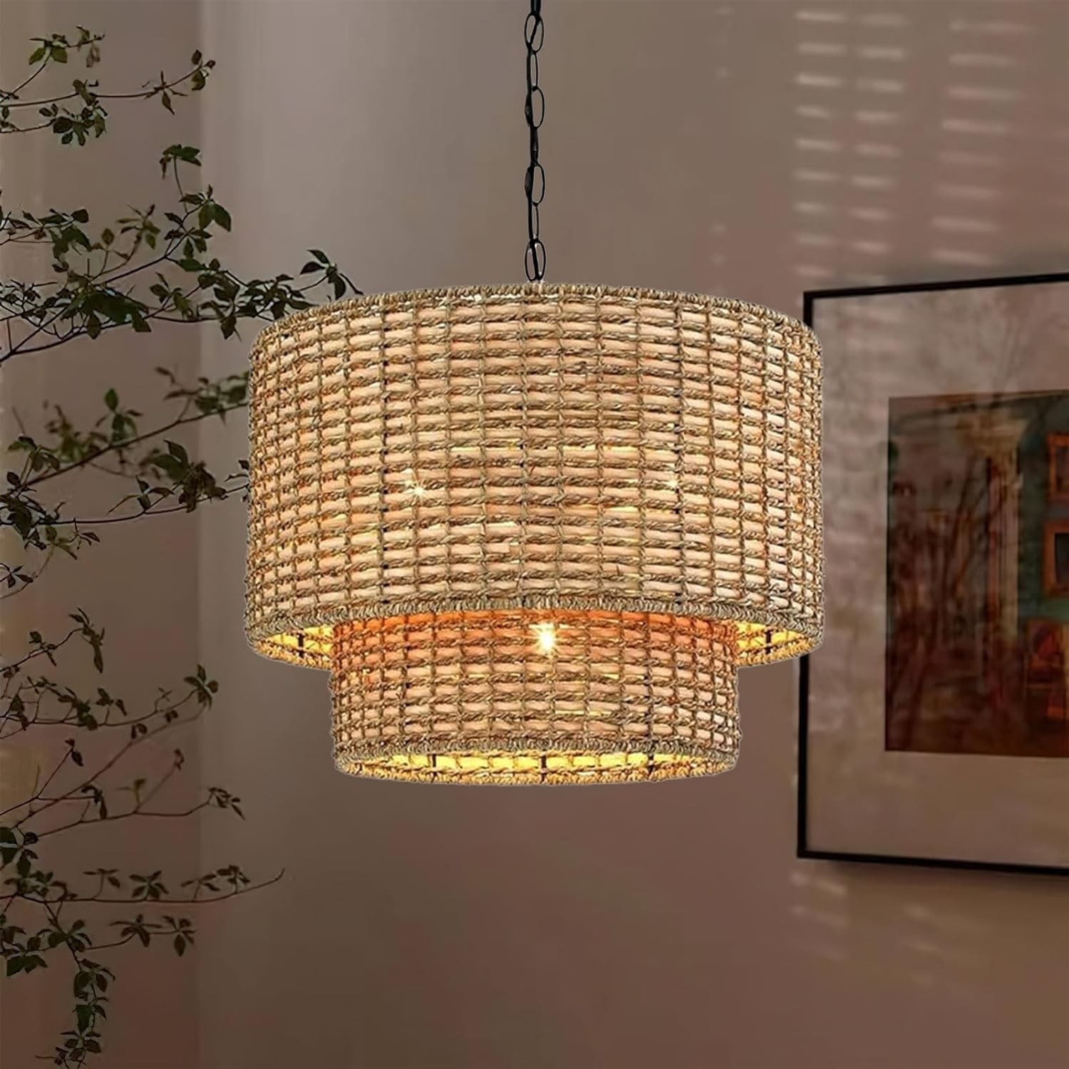 Natuurlijke rotan dubbele trommel hanglamp met zwarte kap HL1001