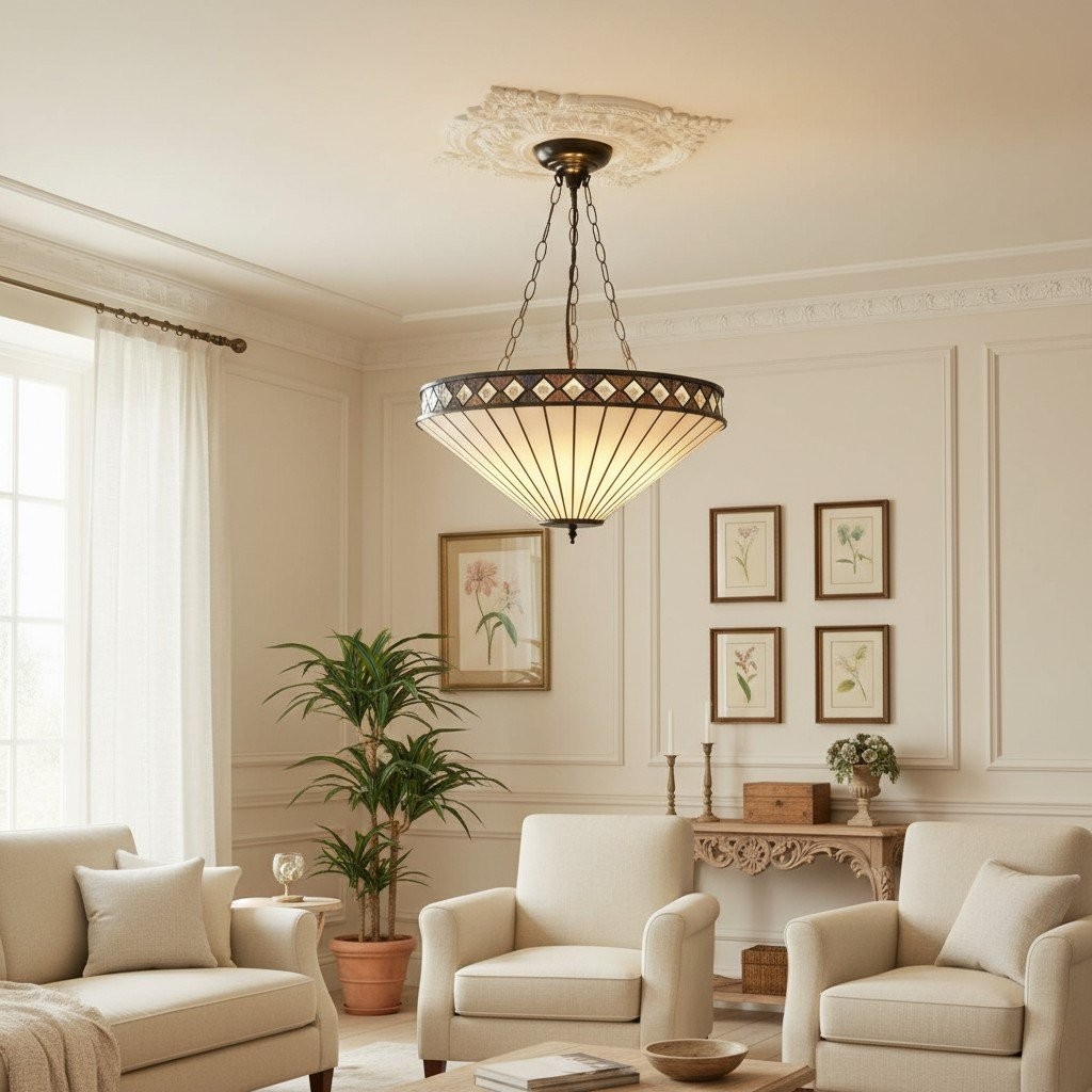 TF Fargo Verstelbare Hanglamp met Glas-in-lood-geïnspireerde omgekeerde kap voor kookeiland en eettafel HL2177
