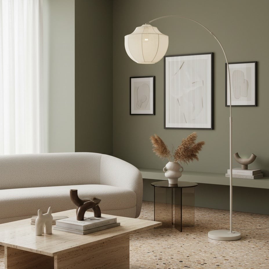 Lumifil Arc vloerlamp met textielen kap en metalen voet voor zachte, sfeervolle verlichting in de woonkamer HL1977