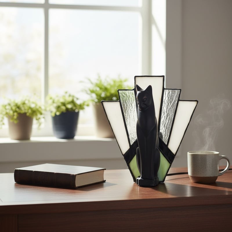TF Felix Tafellamp - Art Deco Design met Glazen Kap en Kattenbeeldje voor Woonkamer of Slaapkamer HL2183