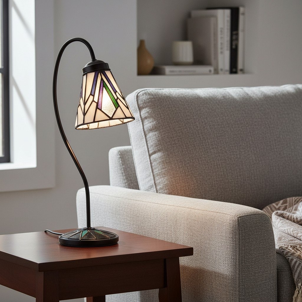 TF Astoria Tiffany tafellamp - Gebogen arm met zwanenhals en art deco glazen kap voor op het bureau HL2222