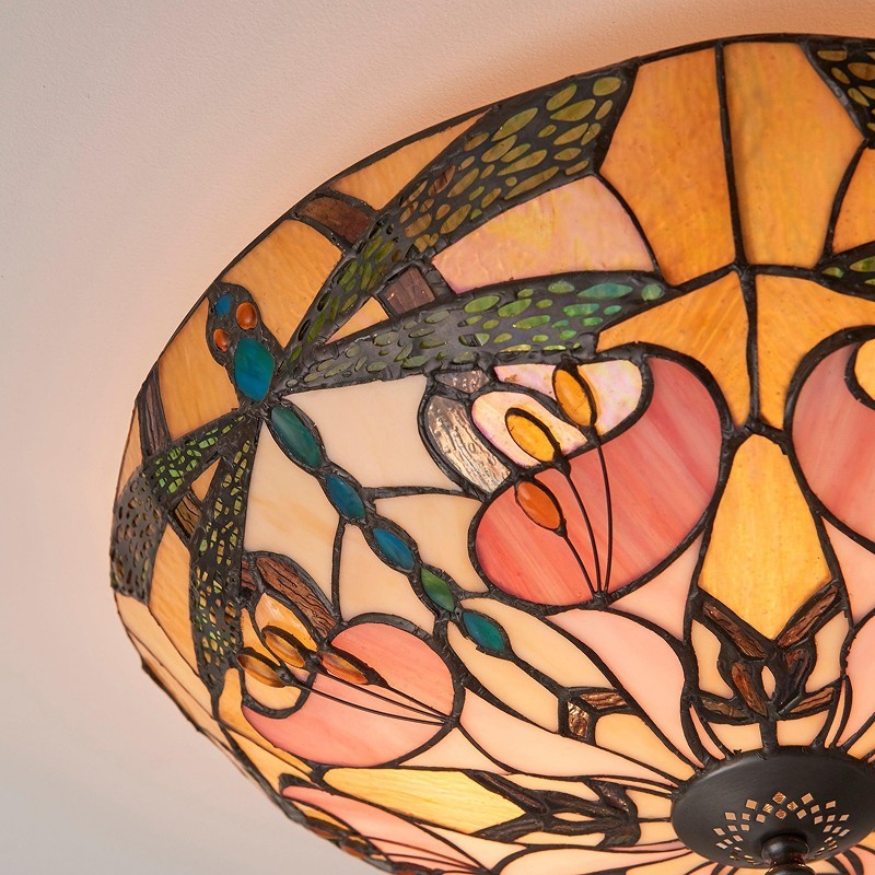 TF Ashton Tiffany glazen plafondlamp met libellemotief - overgangsstijl voor slaapkamers en woonkamers HL2256