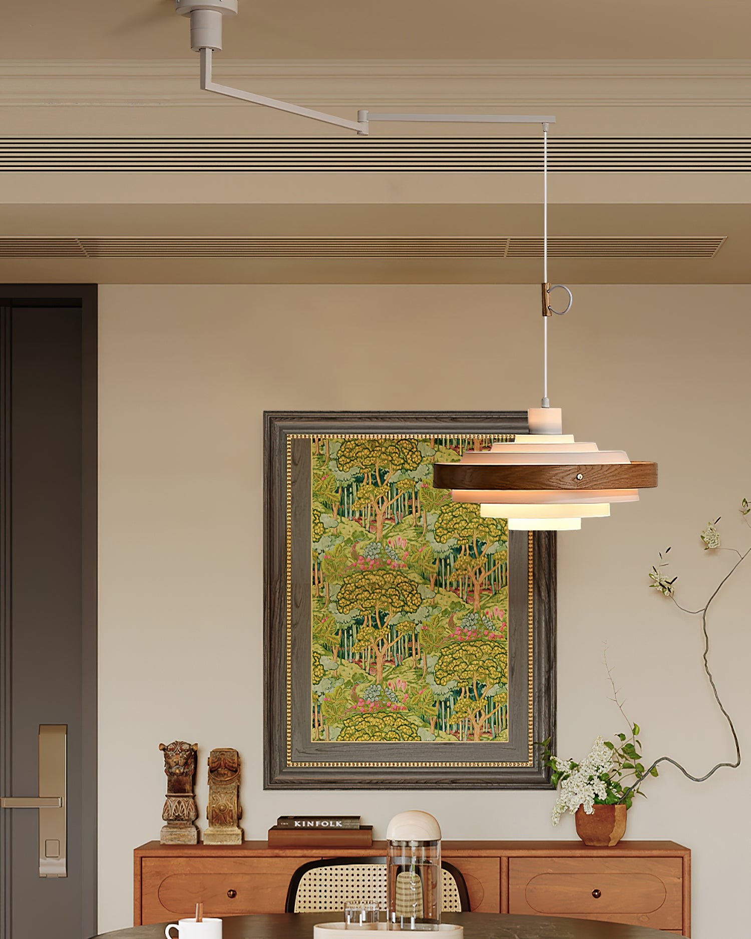 Vintage houten hanglamp met zwenkarm HL1086